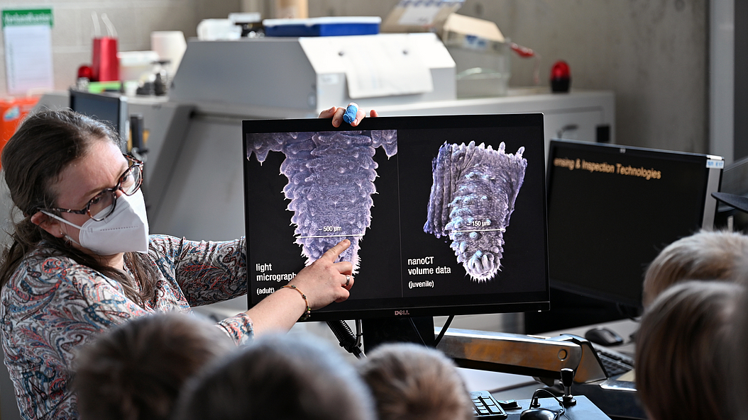 Dr. Madleen Busse erklärt anhand einer 3D Rekonstruktion aus NanoCT Scans die Bewegung eines speziellen Wurms ohne Knochen. 
