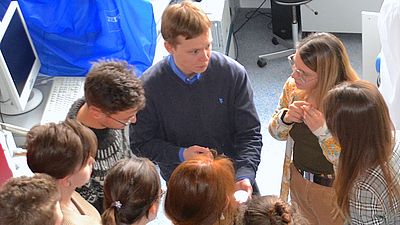 Leroy Grob shows the visiting group around the electronics and chemisty labs at MSB. 