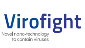 Logo of the Virofight consortium. It shows a drawing of a virus enclosed in a hexagon. The inscription underneath says "Novel nano-technology to contain viruses"