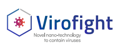Logo des Virofigt-Konsortiums. Es zeigt ein stilisiertes Virus, das in einer sechseckigen Hülle eingeschlossen ist. Darunter die Aufschrift "Novel nano-technology to contain viruses"