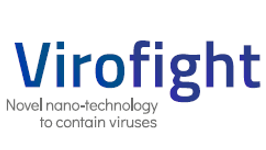 Logo des Virofigt-Konsortiums. Es zeigt ein stilisiertes Virus, das in einer sechseckigen Hülle eingeschlossen ist. Darunter die Aufschrift "Novel nano-technology to contain viruses"