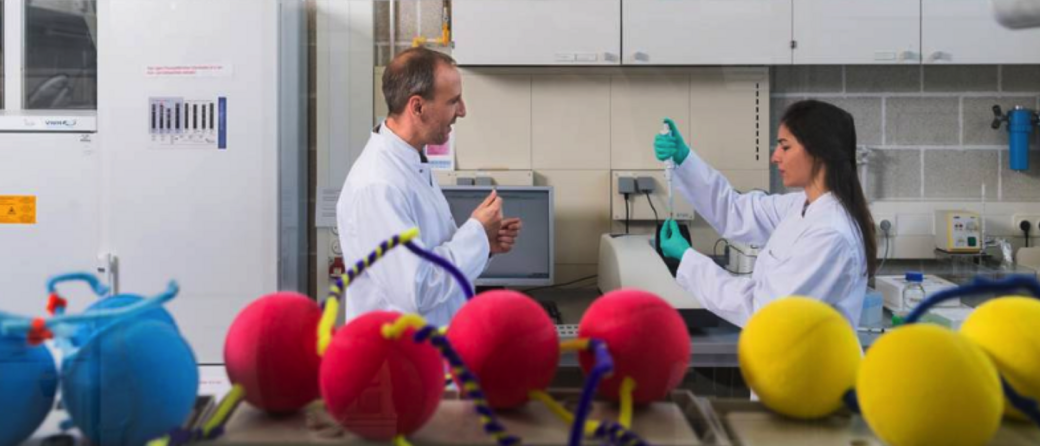 Prof. Oliver Lieleg and PhD student Ceren Kimna use balls and pipe cleaners in different colors to visualize how nanoparticles can be bound together by DNA fragments. Such connections may become the basis of drugs that release their active ingredients in sequence. Image: Uli Benz / TUM