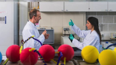 Prof. Oliver Lieleg and PhD student Ceren Kimna use balls and pipe cleaners in different colors to visualize how nanoparticles can be bound together by DNA fragments. Such connections may become the basis of drugs that release their active ingredients in sequence. Image: Uli Benz / TUM