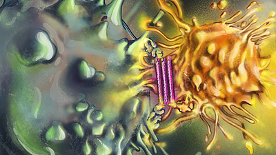 Künstlerische Darstellung: Programmable T-cell engager (PTE) aus DNA-Origami. Der PTE ist bereits an eine Tumorzelle geheftet und rekrutiert eine T-Zelle. Bild: Priyanka Oberoi