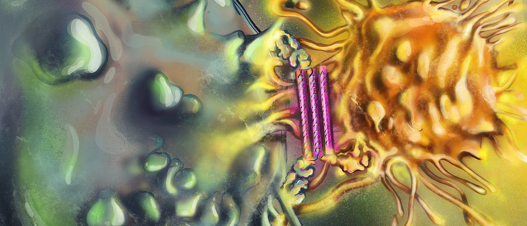 Artistic illustration: Programmable T-cell engager (PTE) created with DNA origami technology. The PTE is already attached to a tumor cell and recruits a T-cell. Image: Priyanka Oberoi