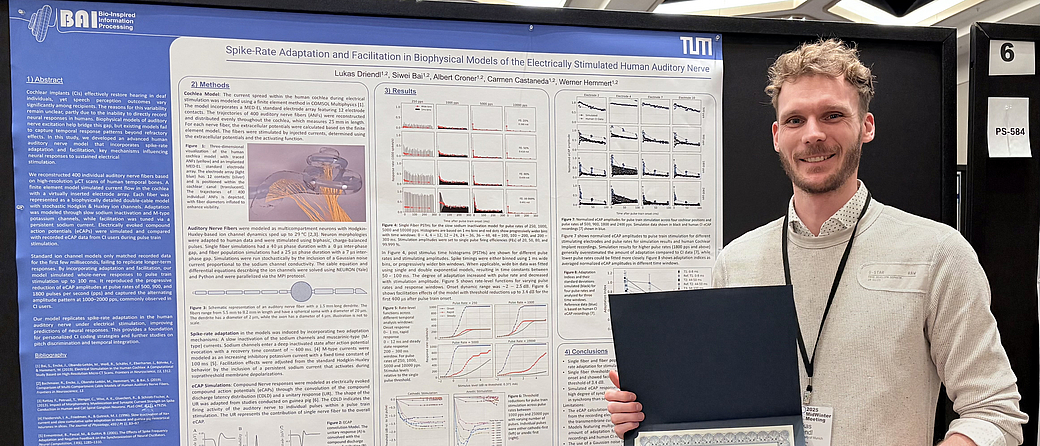 Lukas Driendl, doctoral candidate in the research group “Bio-inspired Information Processing”, at a conference in Orlando. He investigates how the auditory nerve responds to electrical simulation. Image: Werner Hemmert / TUM