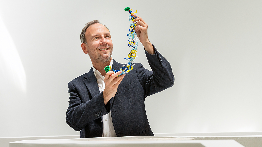Oliver Lieleg, Professor für Biomechanik an der Technischen Universität München, mit einem Modell eines Mucins. Bild: Astrid Eckert / TUM